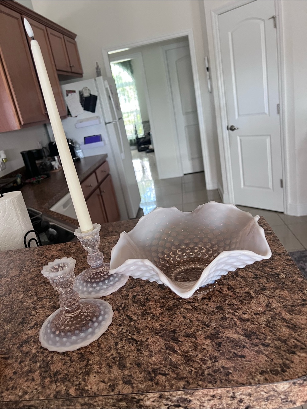 Vintage Fenton Hobnail Blush Pink Milkglass candlestick and ruffle bowl set
